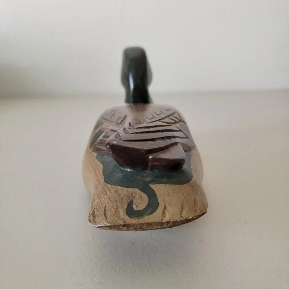 Vintage Hand Painted Wooden Duck Decoy Hand Carved Mallard Figurine Glass Eyes